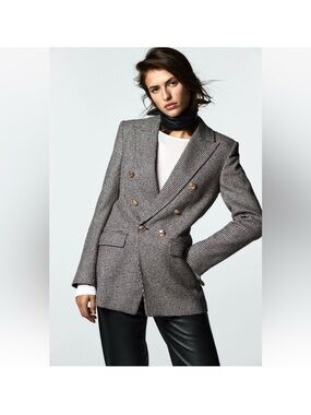 Double-Breasted Houndstooth Blazer Jacket - Black & White Zara NWOT XL